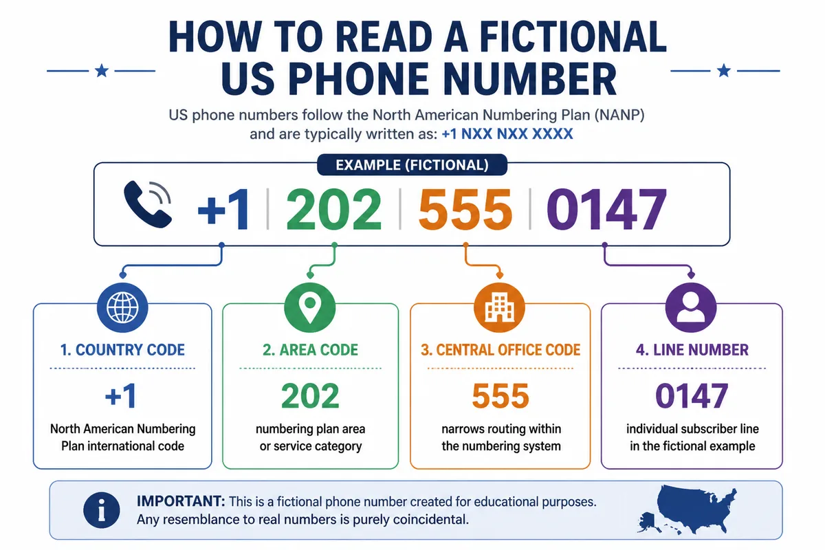 Physical US landline keypad beside a handwritten fictional US phone number with the area code marked